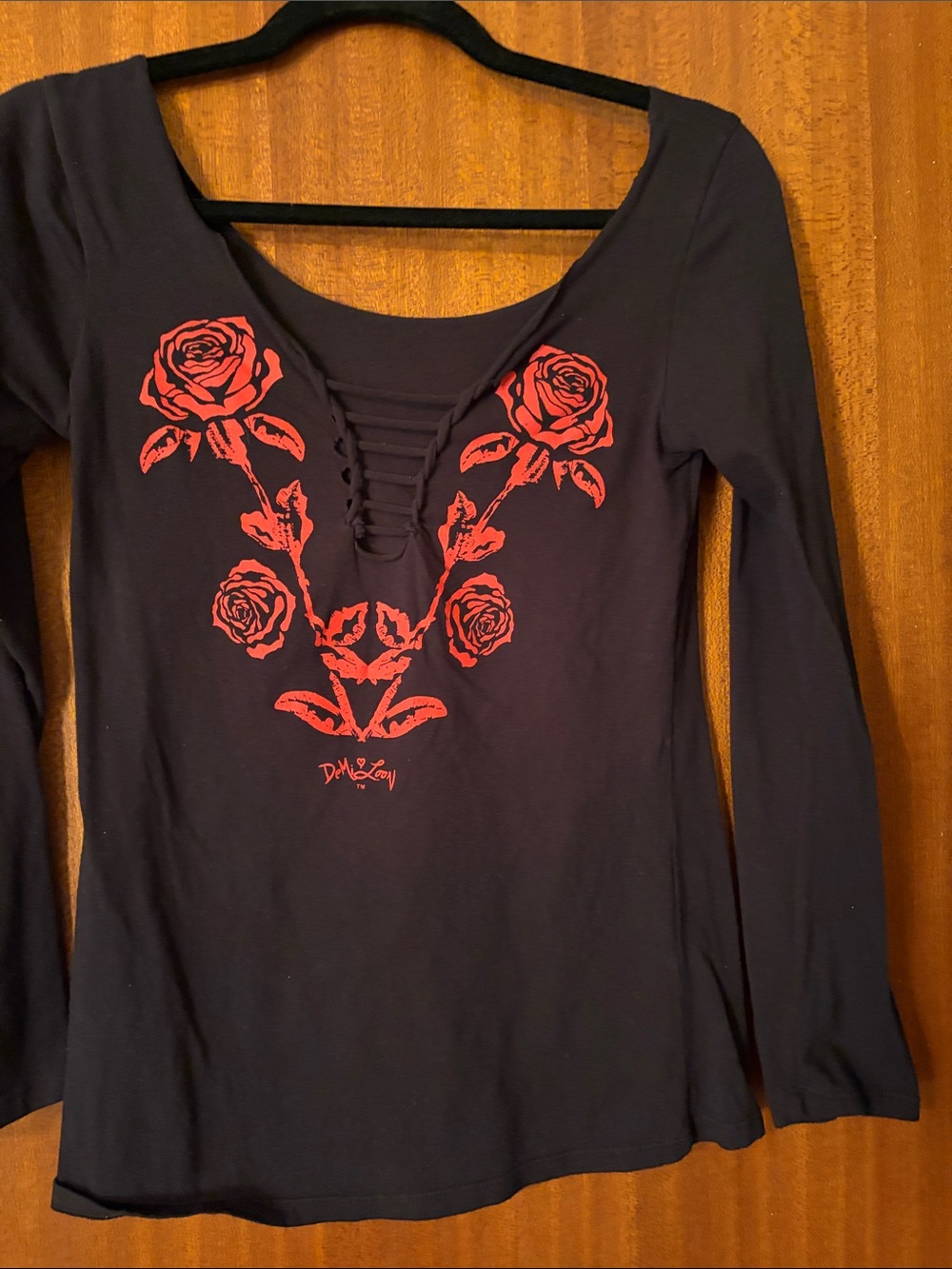 Women's Black Long Sleeve Tee with Red Rose Graphic and Lace-Up Neck